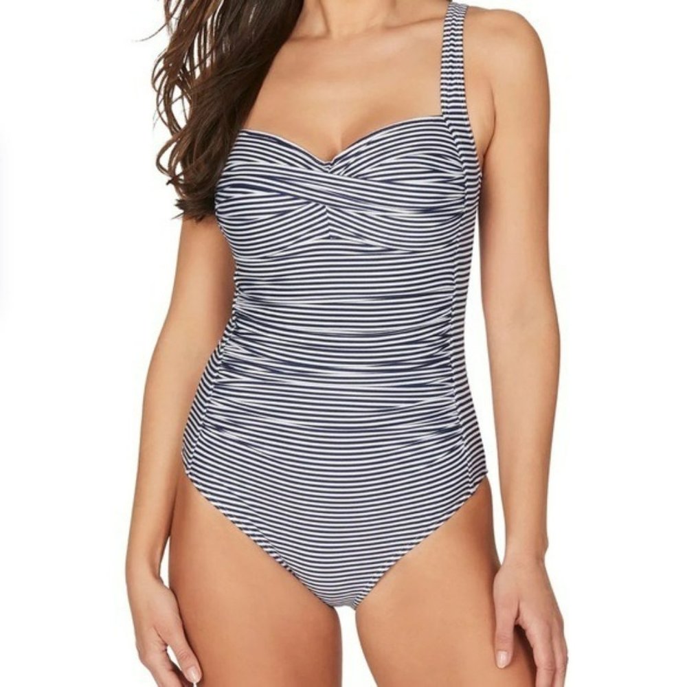 One Piece Niptuck Striped Swimsuit: Navy & White Nautical Beach Coastal Size 10